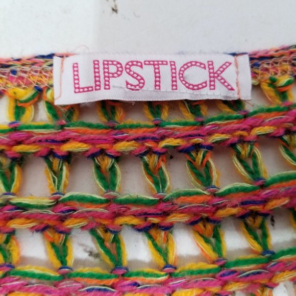 Lipstick Cropped Open Knit Sweater 80s Large Short Sleeve Dance Yellow Blue Purp - Picture 8 of 9